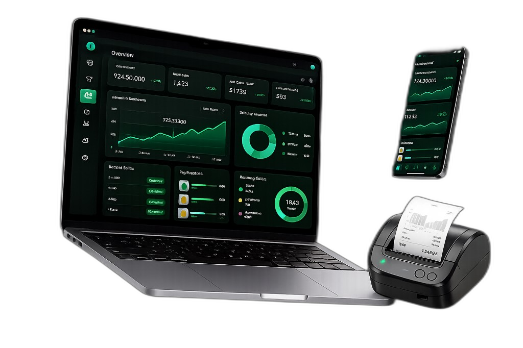 Laptop dashboard with smartphone and thermal printer showing thukaapp business analytics
